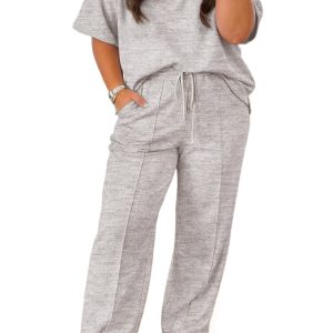 Plus Size Women's Light Grey V-Neck Polo Tee & Drawstring Pants Set – Casual Summer 2 Piece Outfit - Main View
