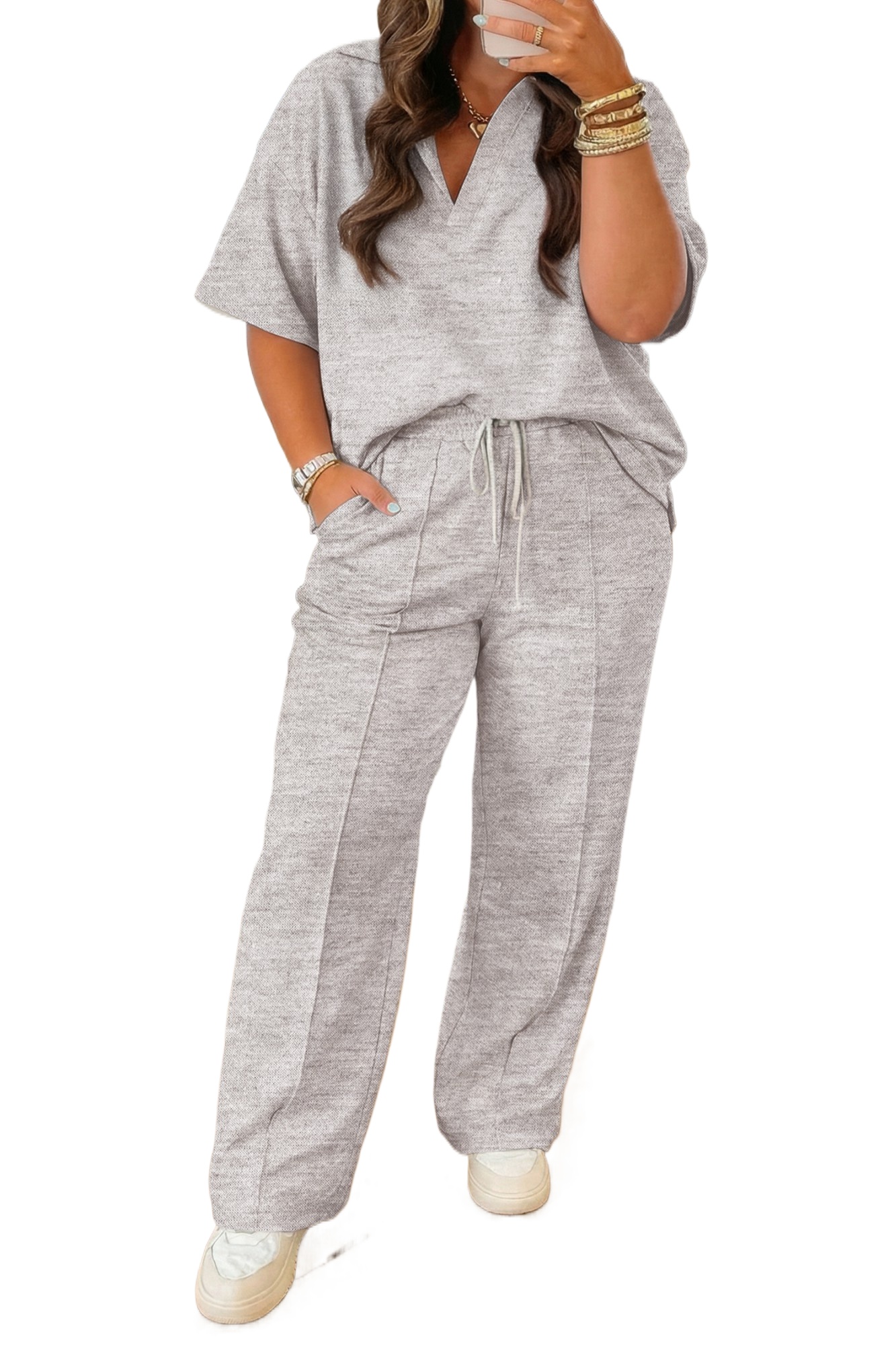 Plus Size Women's Light Grey V-Neck Polo Tee & Drawstring Pants Set – Casual Summer 2 Piece Outfit - Main View Plus Size Women's Light Grey V-Neck Polo Tee & Drawstring Pants Set – Casual Summer 2 Piece Outfit - Main View