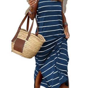 Women's Blue Gray Stripe Print Open Back Maxi Dress – Casual Summer Style with Slits - Main View