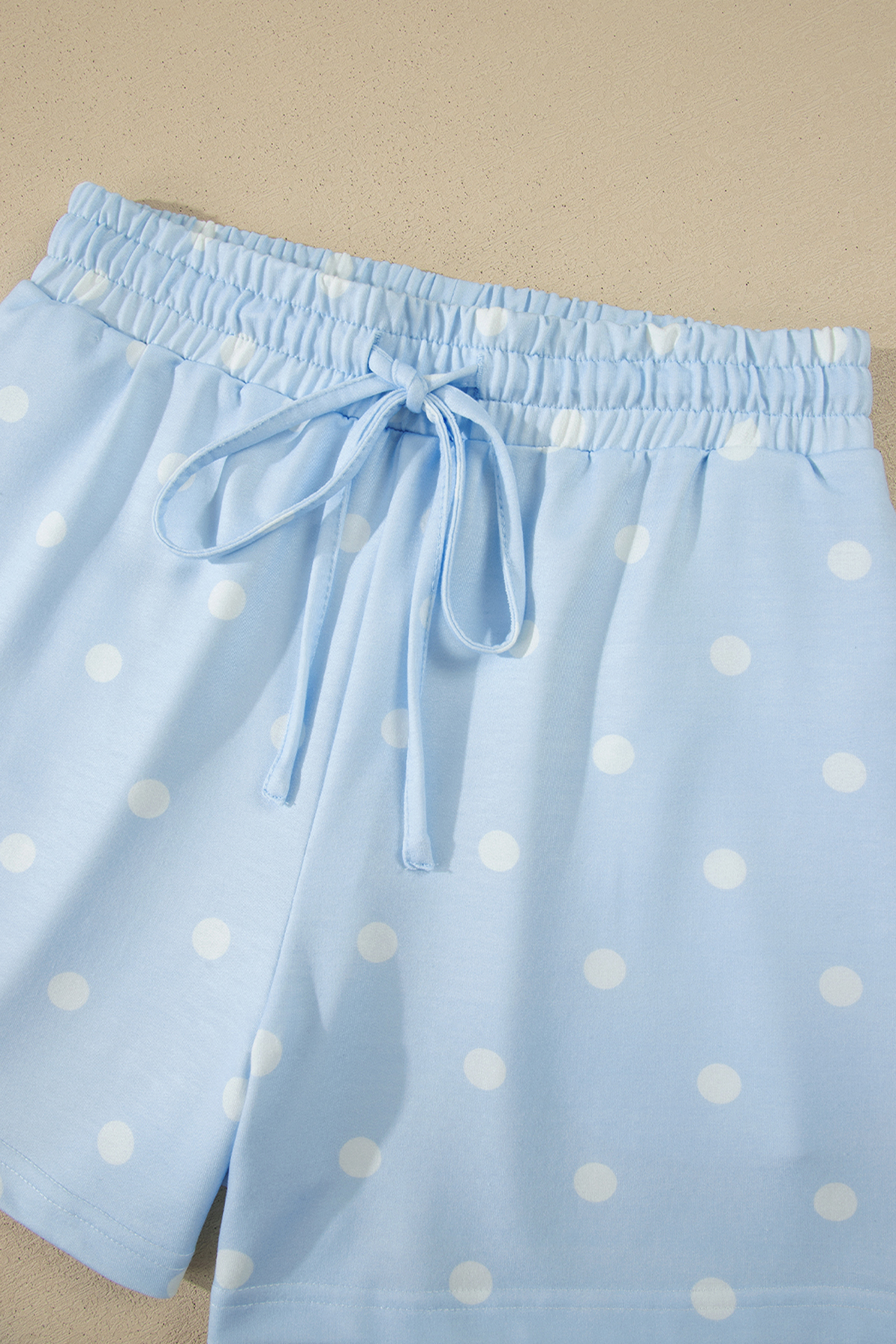 Women's Sky Blue Polka Dot Lounge Set – Exposed Seam Tee and Drawstring Shorts, Casual Daily Wear - Detail View 7 Women's Sky Blue Polka Dot Lounge Set – Exposed Seam Tee and Drawstring Shorts, Casual Daily Wear - Detail View 7