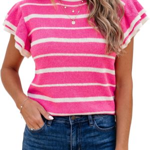 Women's Rose Stripe Ruffle Sleeve Summer Knit Sweater - Main View