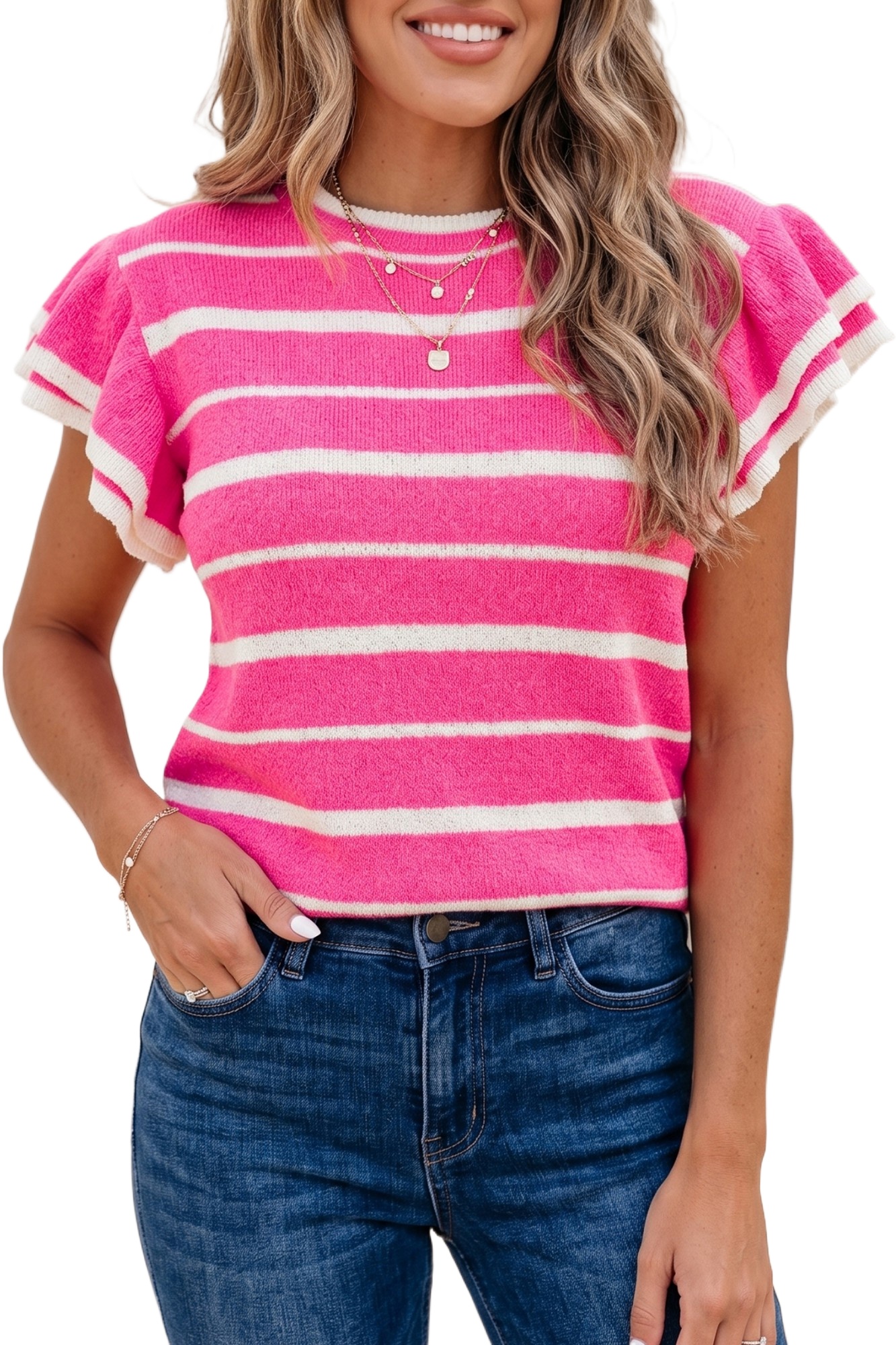 Women's Rose Stripe Ruffle Sleeve Summer Knit Sweater - Main View Women's Rose Stripe Ruffle Sleeve Summer Knit Sweater - Main View