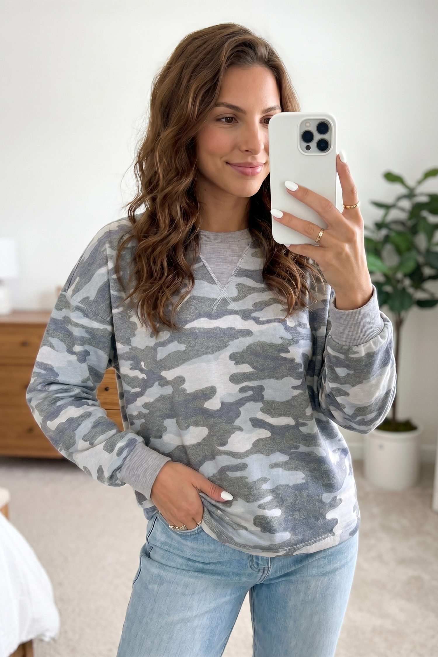 Women's Long Sleeve Camo Top – Versatile Daily Round Neck Tee - Detail View 3 Women's Long Sleeve Camo Top – Versatile Daily Round Neck Tee - Detail View 3
