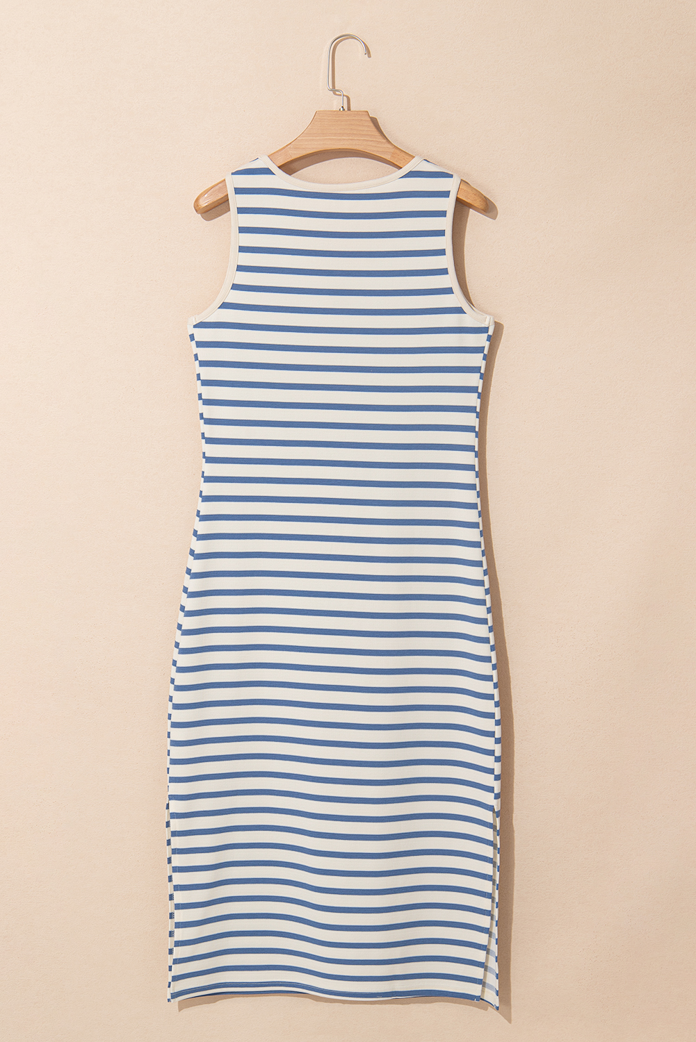 Casual Sky Blue Stripe Midi Dress for Women – V Neck and Side Slit Design for Warm Days - Detail View 12 Casual Sky Blue Stripe Midi Dress for Women – V Neck and Side Slit Design for Warm Days - Detail View 12