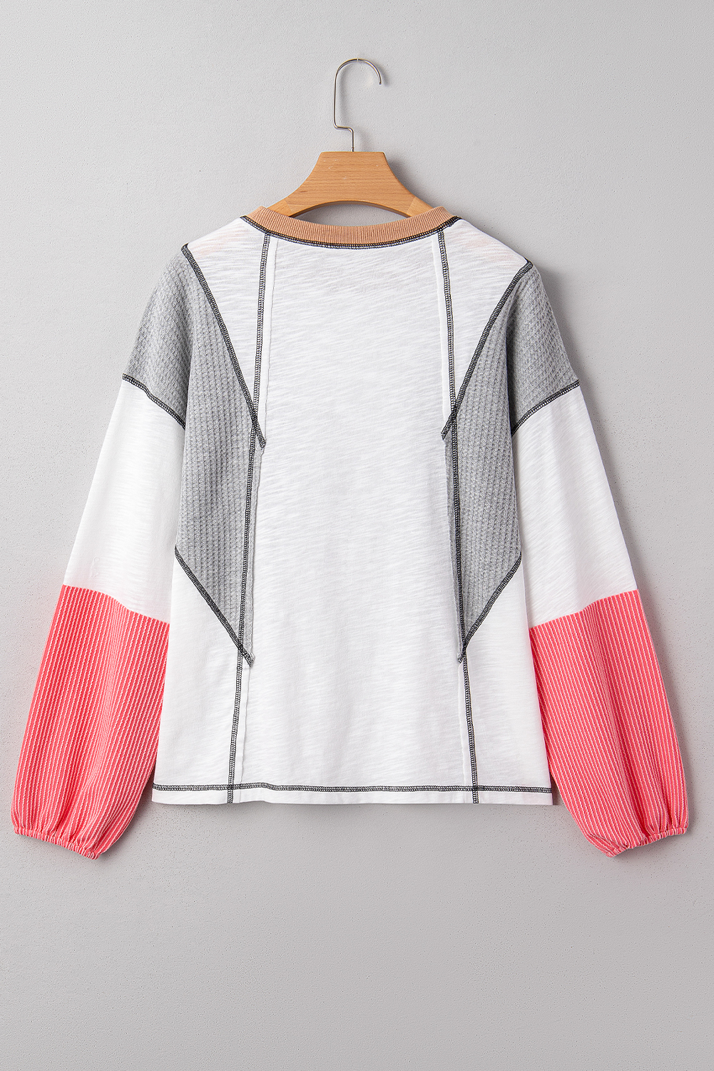 Chic White Block Textured Knit Top – Trendy Patchwork Long Sleeve for Everyday Style - Detail View 6 Chic White Block Textured Knit Top – Trendy Patchwork Long Sleeve for Everyday Style - Detail View 6