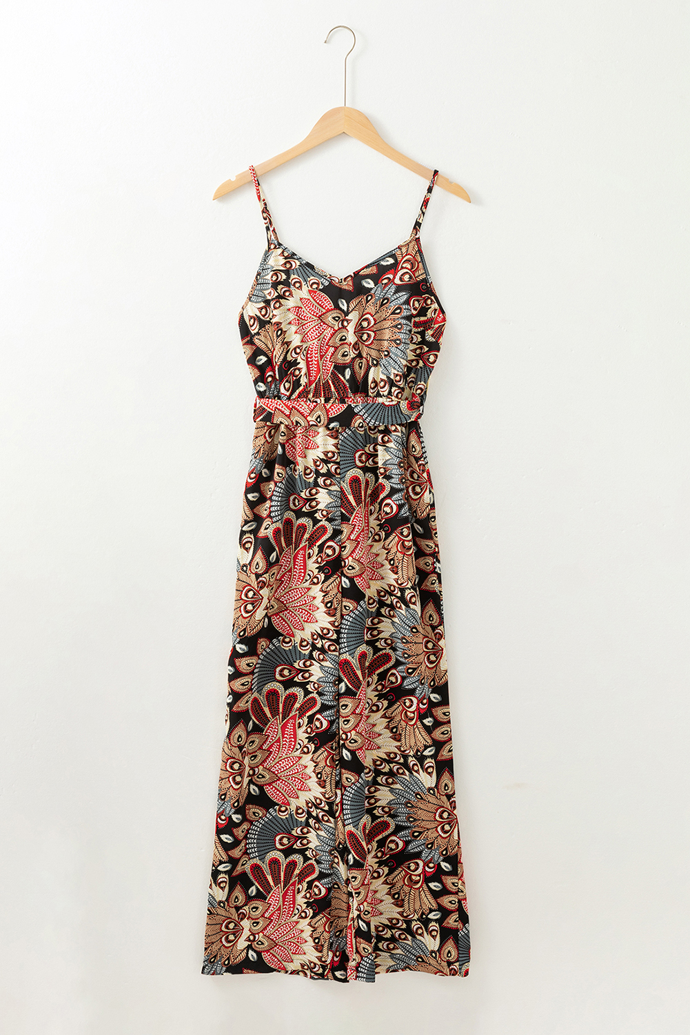 Women's Jumpsuit, Black Floral Print, Belted Jumpsuit, Sleeveless, Wide Leg, Casual Style, Summer Outfit, Trendy Fashion, Spaghetti Straps, High Waist, Comfortable Fit, Bohemian Style, Vacation Wear, Silhouette Shift - Detail View 16 Women's Jumpsuit, Black Floral Print, Belted Jumpsuit, Sleeveless, Wide Leg, Casual Style, Summer Outfit, Trendy Fashion, Spaghetti Straps, High Waist, Comfortable Fit, Bohemian Style, Vacation Wear, Silhouette Shift - Detail View 16