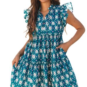 Women's Blue Retro Floral Print Ruffle Short Sleeve Mini Dress - Main View