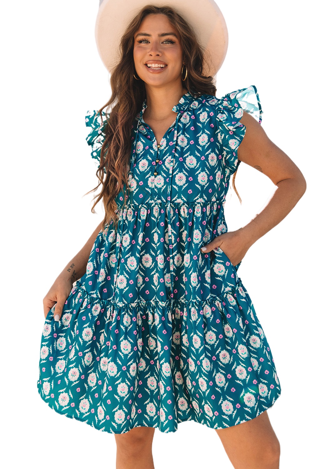 Women's Blue Retro Floral Print Ruffle Short Sleeve Mini Dress - Main View Women's Blue Retro Floral Print Ruffle Short Sleeve Mini Dress - Main View