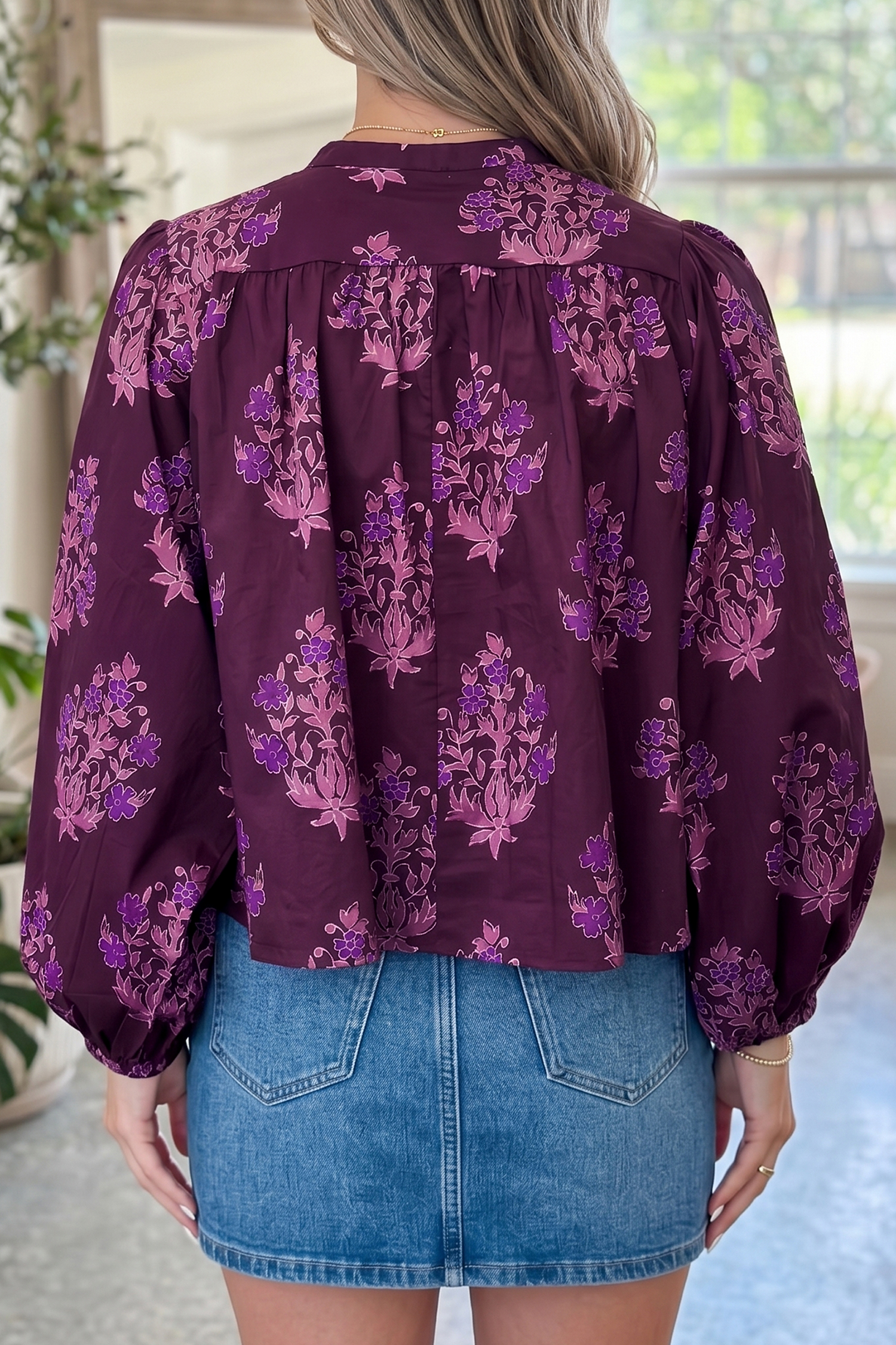100% Cotton Women's Floral Shirt – Purple Puff Sleeve Gift - Detail View 3 100% Cotton Women's Floral Shirt – Purple Puff Sleeve Gift - Detail View 3