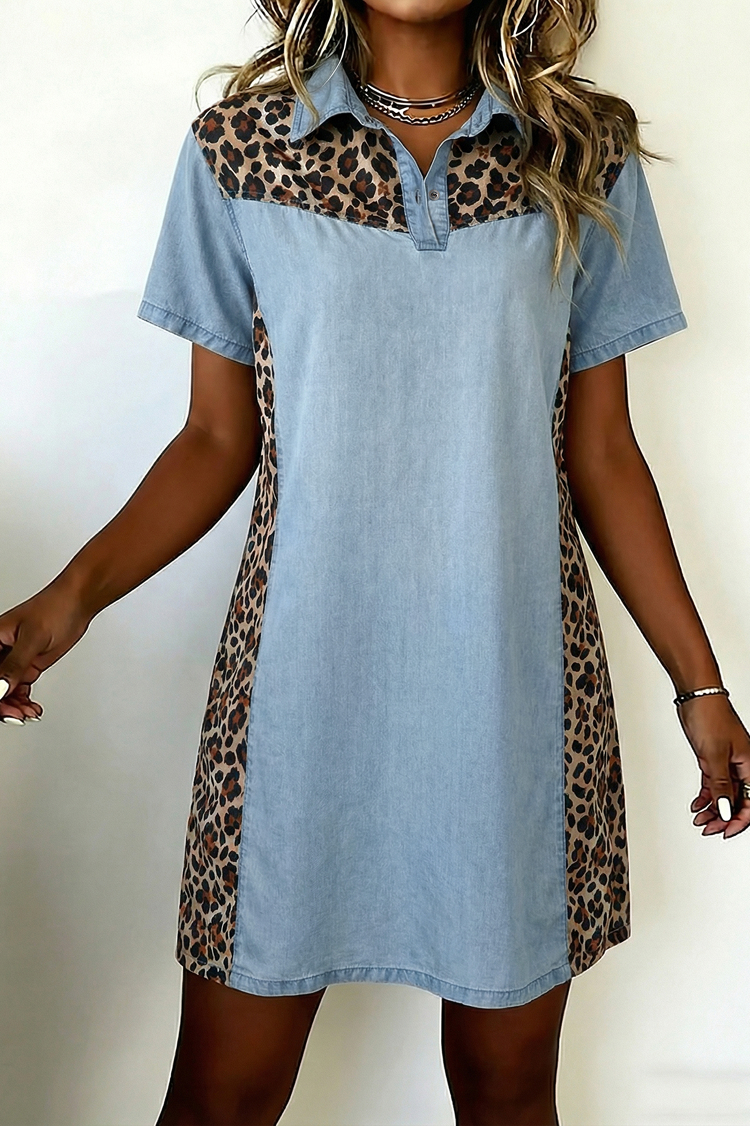 Western Style Denim Mini Dress – Button Down Leopard Patchwork Shift Dress, Versatile Summer Outfit for Women - Detail View 3 Western Style Denim Mini Dress – Button Down Leopard Patchwork Shift Dress, Versatile Summer Outfit for Women - Detail View 3