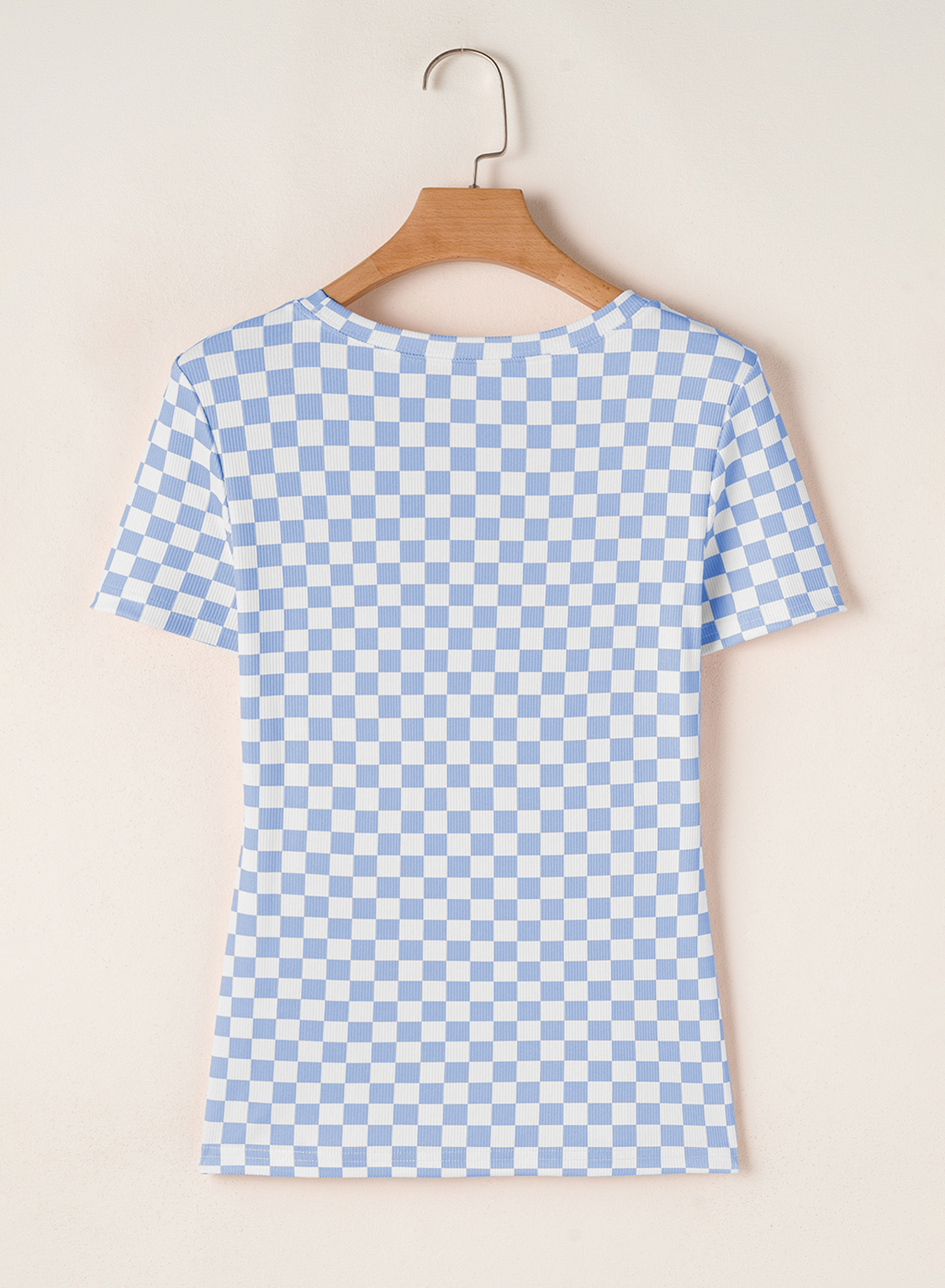 Chic Sky Blue Checkered Slim Fit Crew Neck Tee for Women – Perfect for Summer Casuals - Detail View 3 Chic Sky Blue Checkered Slim Fit Crew Neck Tee for Women – Perfect for Summer Casuals - Detail View 3
