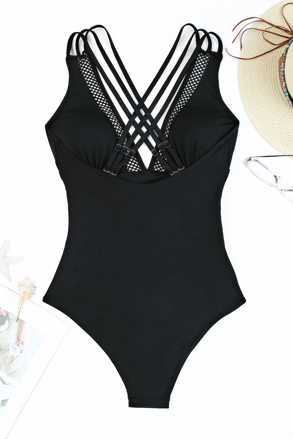 Women's Swimsuit, Black One Piece, Solid Color, Mesh Design, V Neck, Sexy Style, Beachwear, Summer Fashion, Wire-Free Support, Removable Pad, Sheath Silhouette, Vacation Essentials - Detail View 8 Women's Swimsuit, Black One Piece, Solid Color, Mesh Design, V Neck, Sexy Style, Beachwear, Summer Fashion, Wire-Free Support, Removable Pad, Sheath Silhouette, Vacation Essentials - Detail View 8