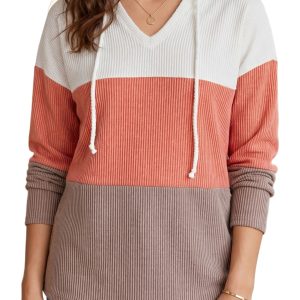 Ribbed Women's Hoodie, Casual Fall Colorblock Pullover - Main View