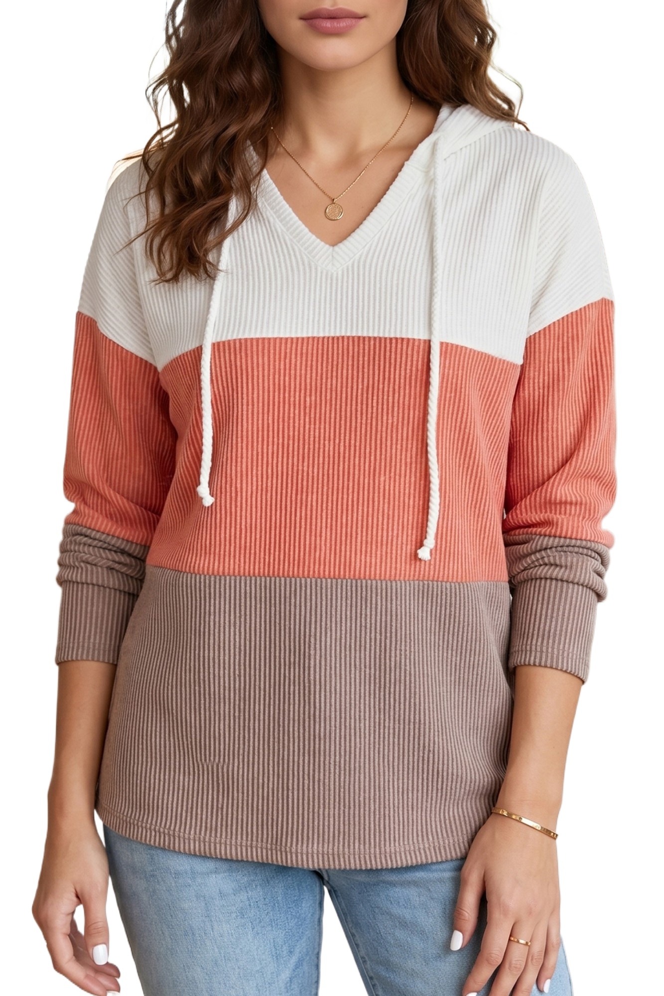 Ribbed Women's Hoodie, Casual Fall Colorblock Pullover - Main View Ribbed Women's Hoodie, Casual Fall Colorblock Pullover - Main View