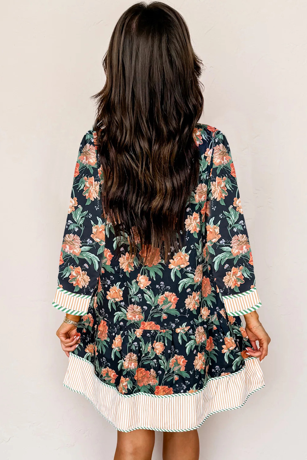 Vacation-Ready Women's Striped Trim Long Sleeve Floral Mini Dress - Detail View 8 Vacation-Ready Women's Striped Trim Long Sleeve Floral Mini Dress - Detail View 8