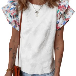 Women's White Abstract Print Tiered Ruffled Sleeve Textured Knit Top - Main View