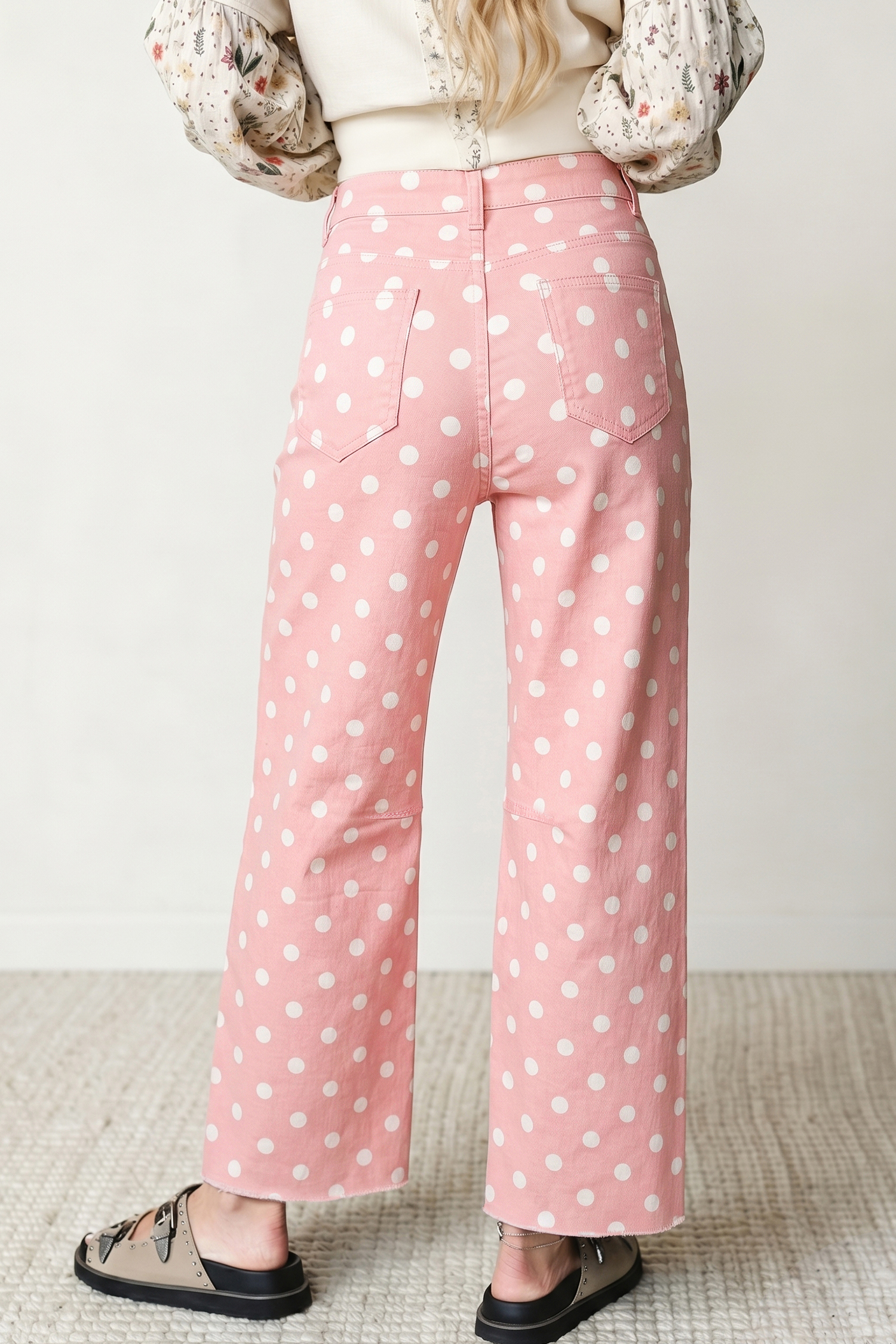 High Waisted Pink Denim Jeans, Playful Polka Dot Casual Pants - Detail View 2 High Waisted Pink Denim Jeans, Playful Polka Dot Casual Pants - Detail View 2
