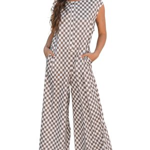 Chic Women's Khaki Checkered Print Buttoned Crew Neck Wide Leg Jumpsuit - Main View