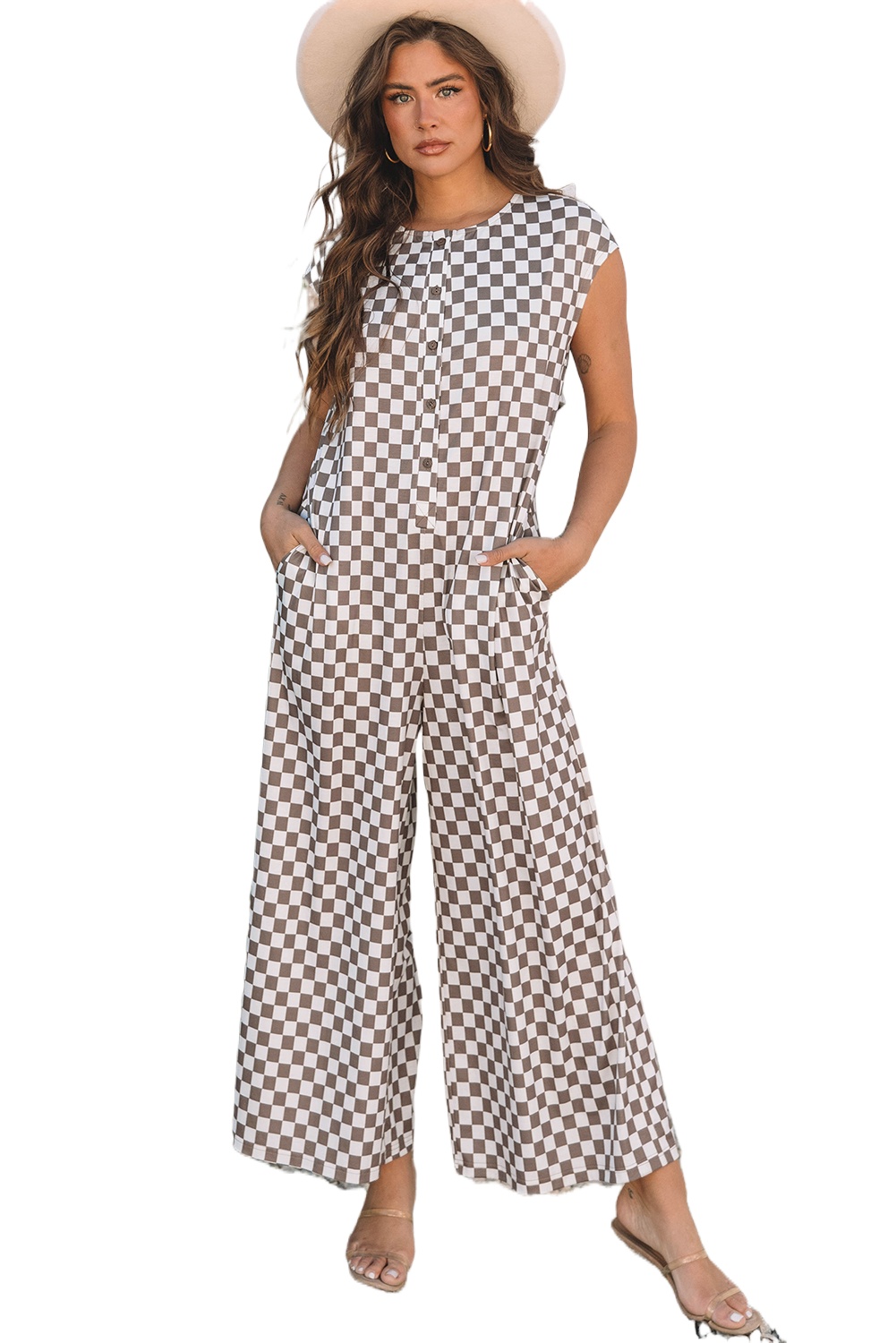 Chic Women's Khaki Checkered Print Buttoned Crew Neck Wide Leg Jumpsuit - Main View Chic Women's Khaki Checkered Print Buttoned Crew Neck Wide Leg Jumpsuit - Main View