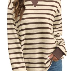 Women's Striped Sweatshirt, Casual Waffle Knit Long Sleeve - Main View