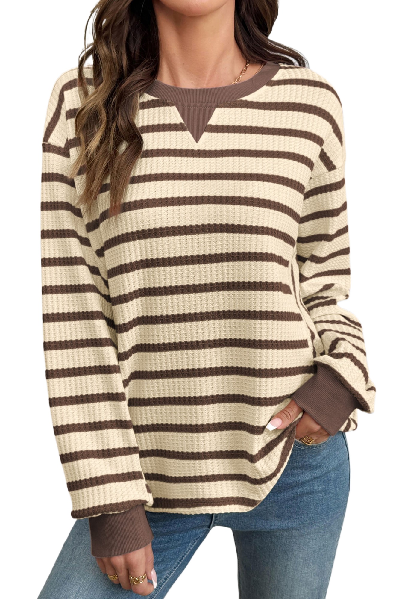 Women's Striped Sweatshirt, Casual Waffle Knit Long Sleeve - Main View Women's Striped Sweatshirt, Casual Waffle Knit Long Sleeve - Main View