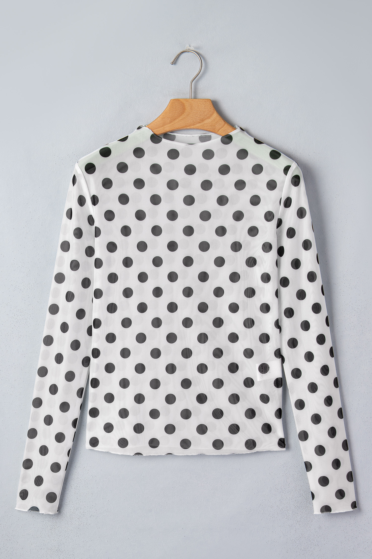 Women's Polka Dot Mesh Top – Sheer Long Sleeve Mock Neck - Detail View 7 Women's Polka Dot Mesh Top – Sheer Long Sleeve Mock Neck - Detail View 7