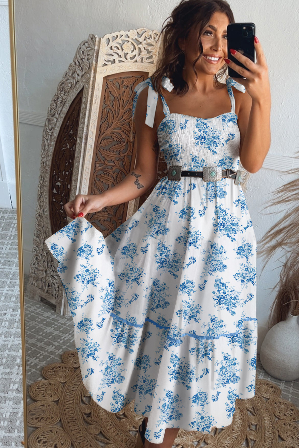 Charming Women's Sleeveless A-Line Dress with Shirred Bodice and Floral Design - Detail View 2 Charming Women's Sleeveless A-Line Dress with Shirred Bodice and Floral Design - Detail View 2