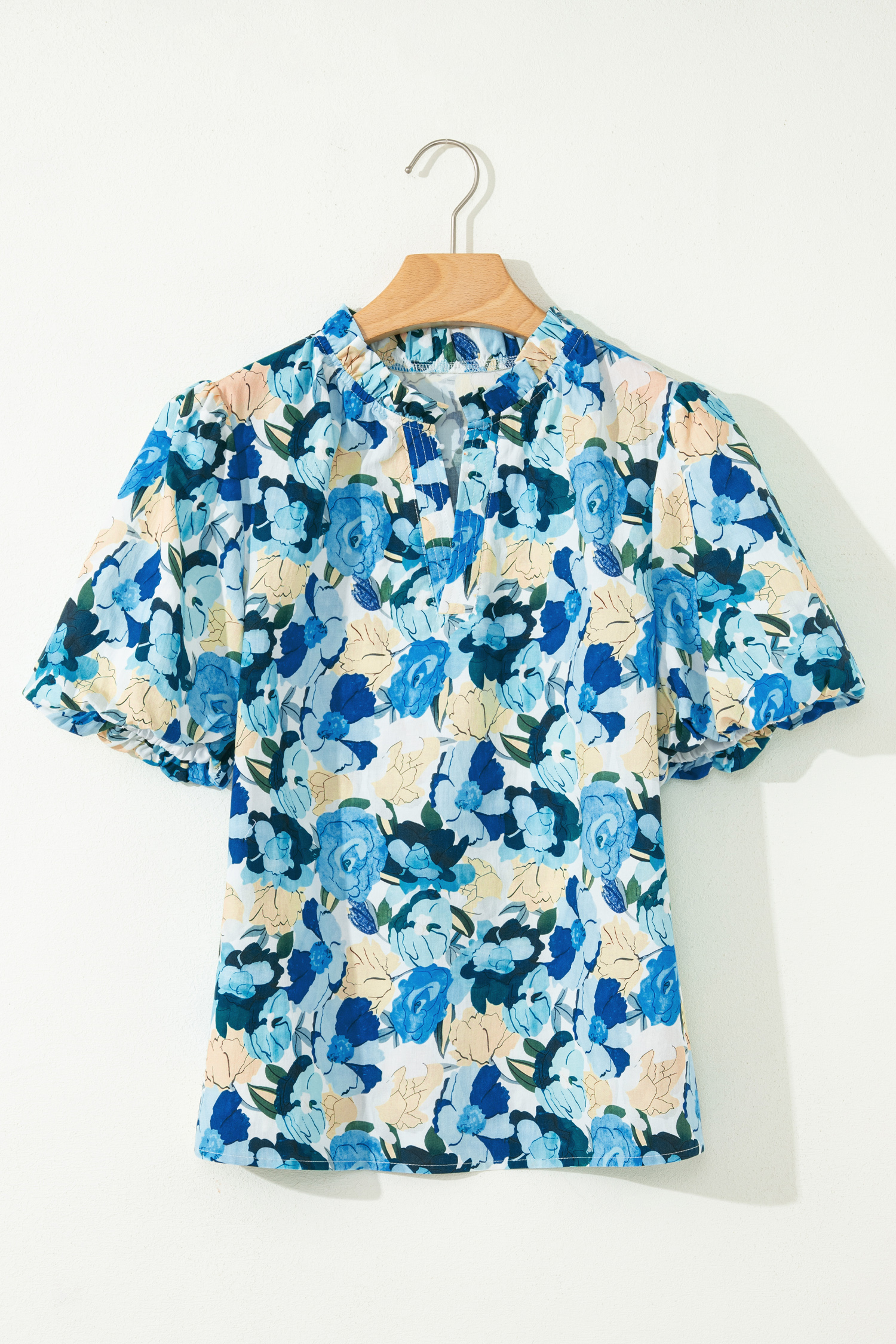 Summer-Ready Women's V Neck Blouse – Sky Blue Floral Print with Short Puff Sleeves - Detail View 3 Summer-Ready Women's V Neck Blouse – Sky Blue Floral Print with Short Puff Sleeves - Detail View 3