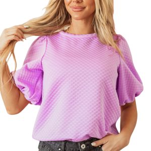 Women's Phalaenopsis Solid Textured O Neck Puff Sleeve Blouse - Casual Elegance for Every Occasion - Main View