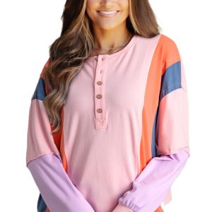 Women's Pink Colorblock Long Sleeve Henley Top with Button Detailing - Main View