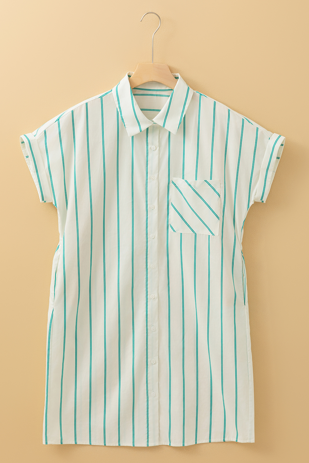 Casual and Trendy Mint Green Striped Mini Dress with Button Design - Detail View 6 Casual and Trendy Mint Green Striped Mini Dress with Button Design - Detail View 6