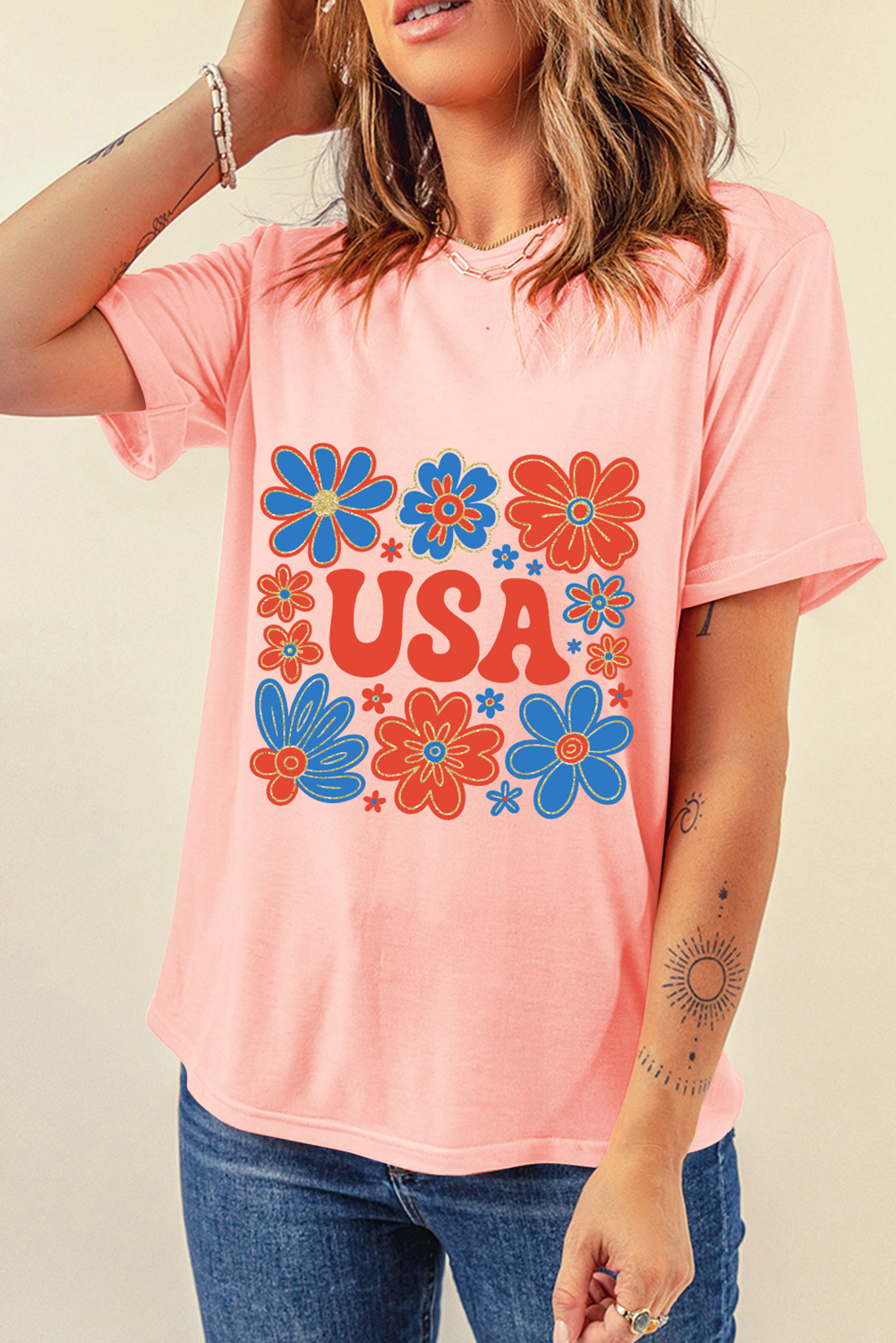 Graphic Tee for Women - Soft Pink Summer Shirt with Cuffed Sleeves and USA Print - Detail View 6 Graphic Tee for Women - Soft Pink Summer Shirt with Cuffed Sleeves and USA Print - Detail View 6
