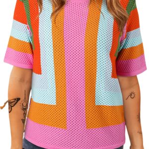 Chic Women's Orange Color Block Eyelet Casual Sweater T-Shirt - Main View