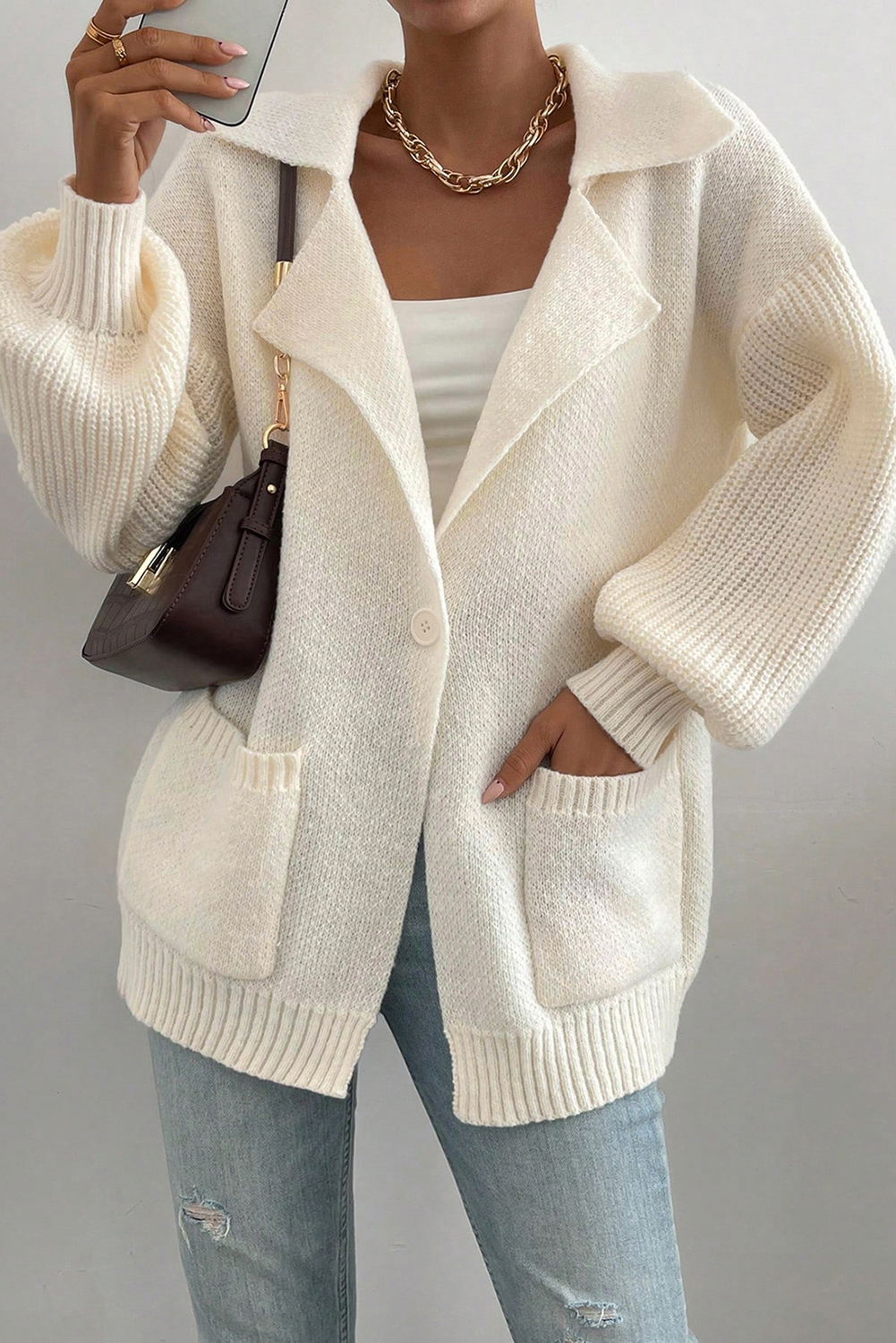 Beige Solid Long Sleeve Sweater Cardigan for Women – Modern Daily Wear - Detail View 17 Beige Solid Long Sleeve Sweater Cardigan for Women – Modern Daily Wear - Detail View 17