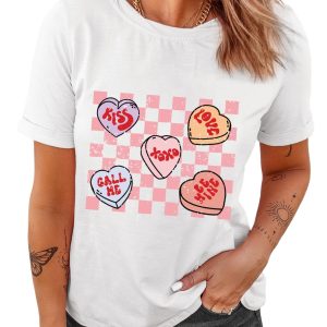 Women's White Checkered Valentine's Heart Printed Crewneck T-Shirt - Main View