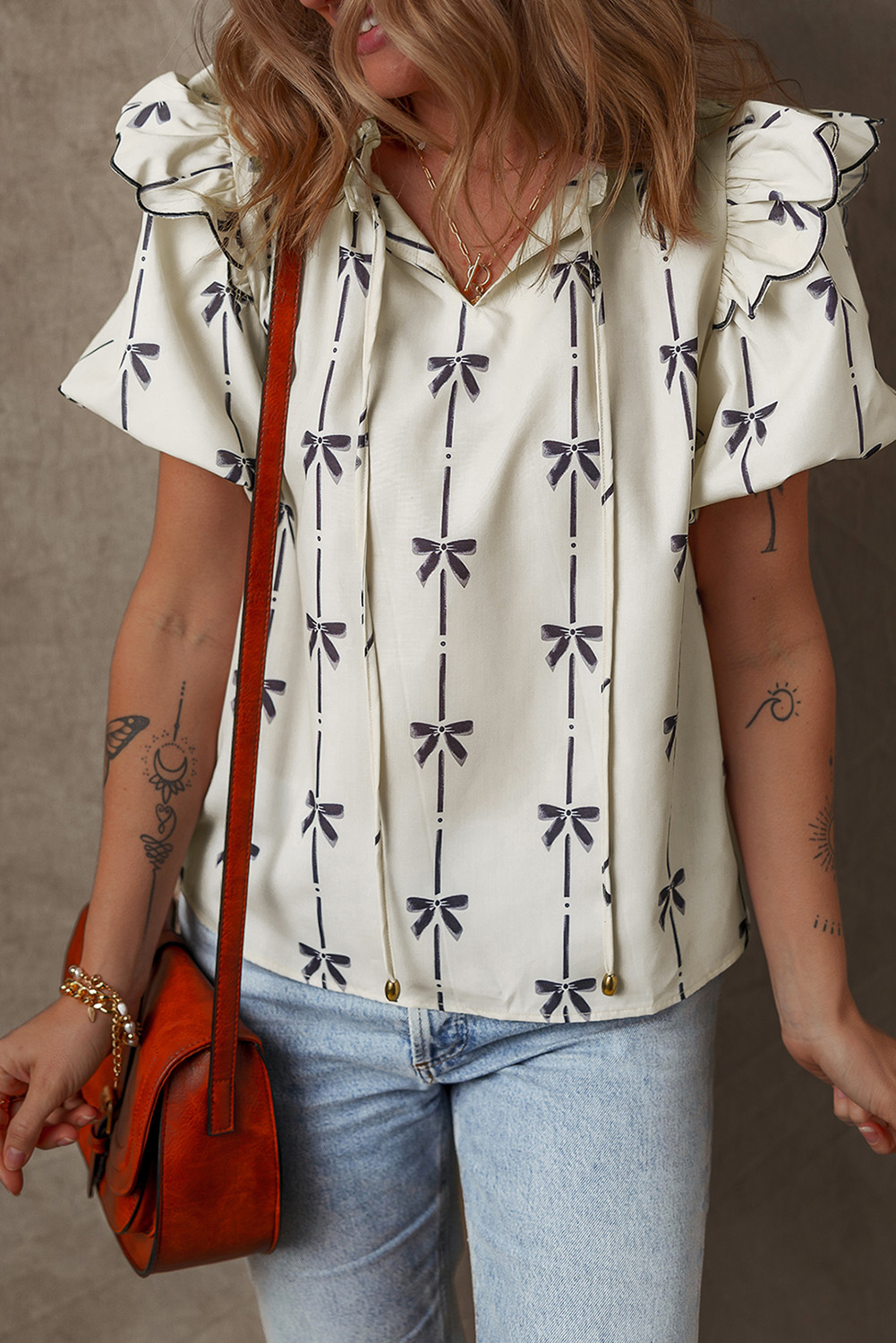Women's Blouse, Beige Color, Bow Print, Ruffled Bubble Sleeve, Tied Notched V Neck, Casual Top, Lightweight, Comfortable, Feminine Charm, Puff Sleeves, Daily Wear, Summer Fashion, Tops & Blouses - Detail View 4 Women's Blouse, Beige Color, Bow Print, Ruffled Bubble Sleeve, Tied Notched V Neck, Casual Top, Lightweight, Comfortable, Feminine Charm, Puff Sleeves, Daily Wear, Summer Fashion, Tops & Blouses - Detail View 4
