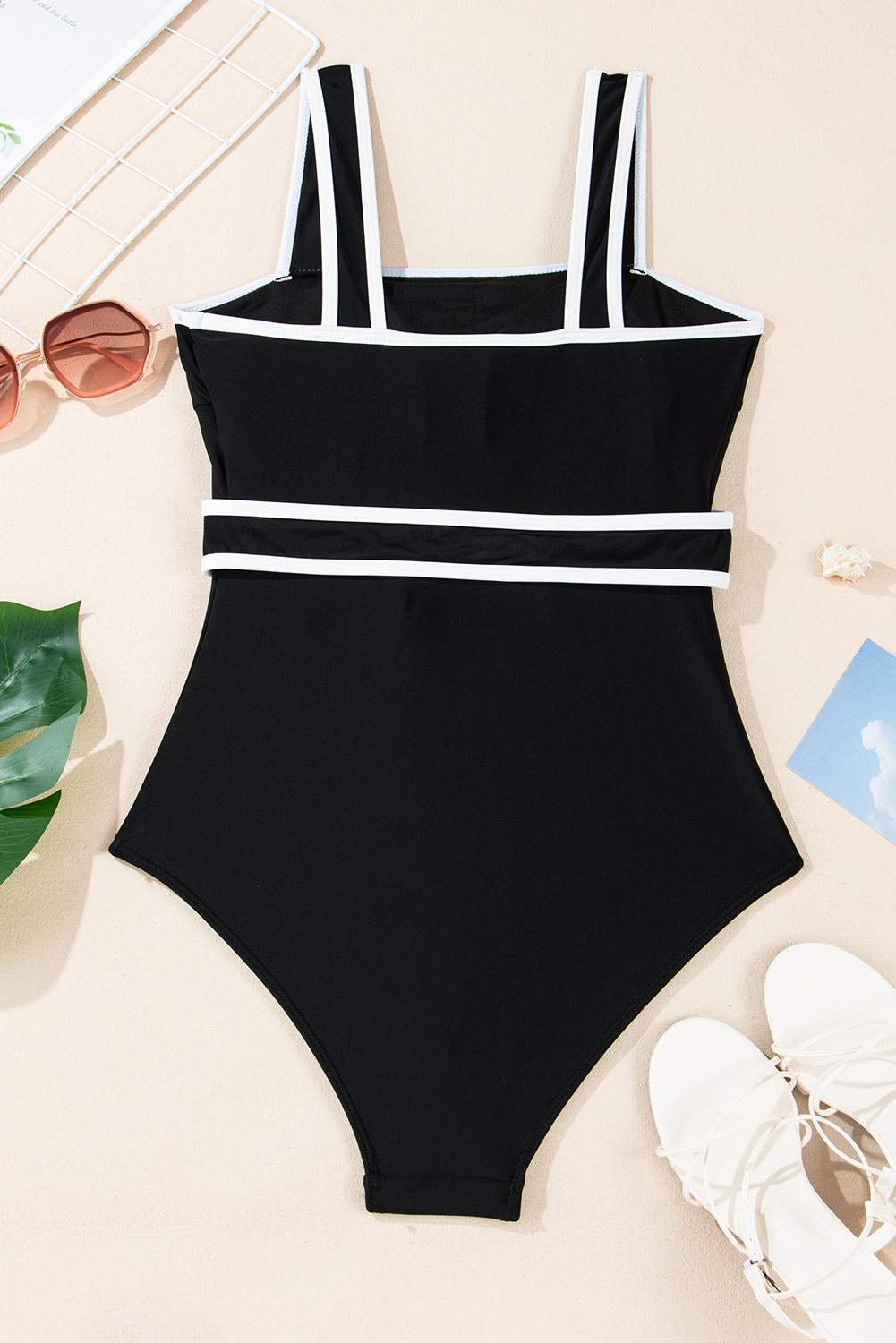Women's Elegant Black Colorblock Edge Belted One Piece Swimsuit with Padded Support - Detail View 13 Women's Elegant Black Colorblock Edge Belted One Piece Swimsuit with Padded Support - Detail View 13
