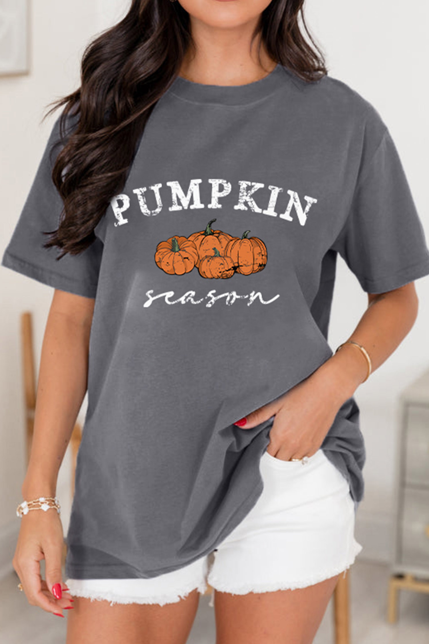 Fall Graphic Collection Round Neck Tee, Gray Women's Shirt - Detail View 5 Fall Graphic Collection Round Neck Tee, Gray Women's Shirt - Detail View 5
