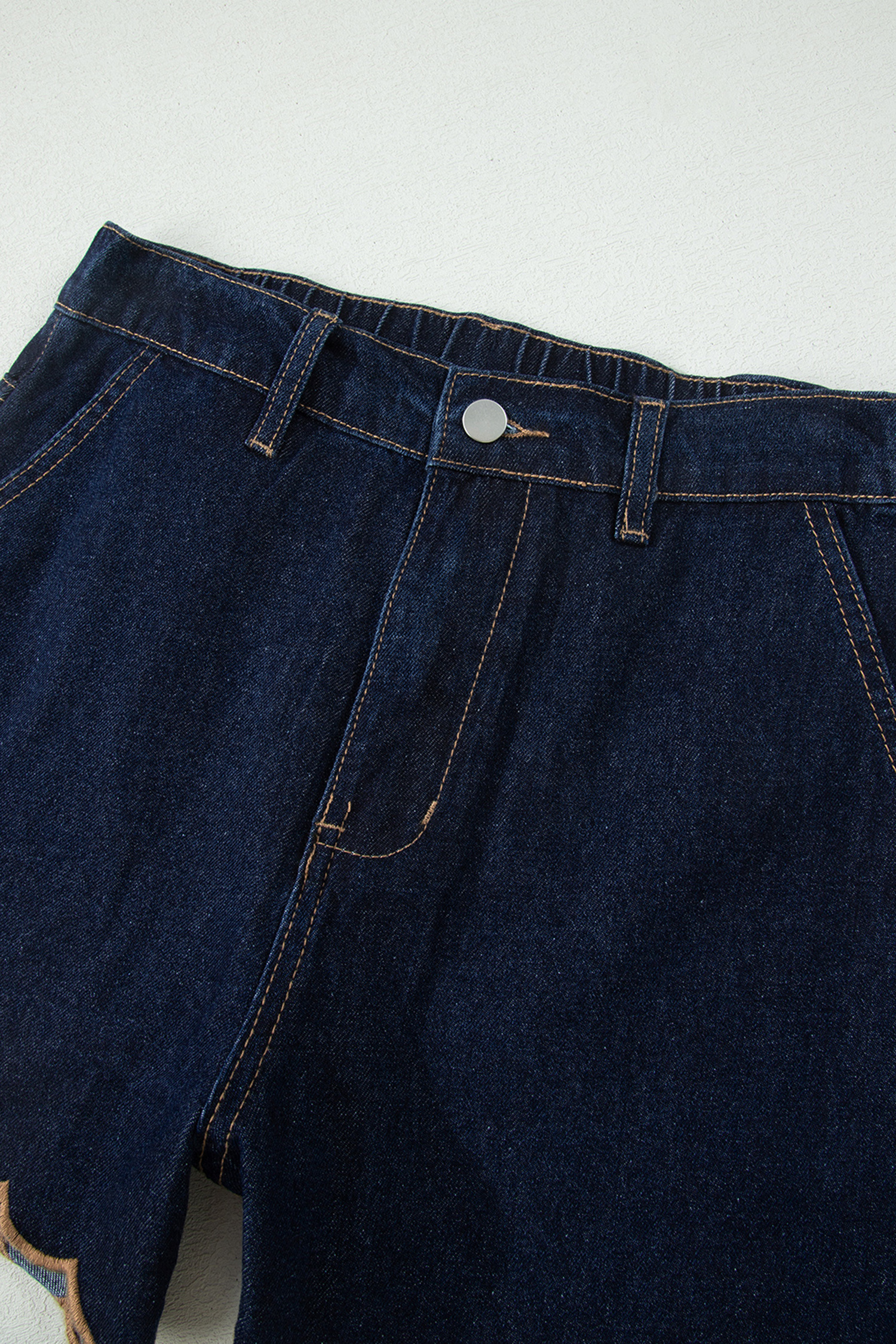 Women's Navy Blue Denim Shorts – Scalloped Trim Embroidery, Relaxed Shift Fit for Summer - Detail View 7 Women's Navy Blue Denim Shorts – Scalloped Trim Embroidery, Relaxed Shift Fit for Summer - Detail View 7
