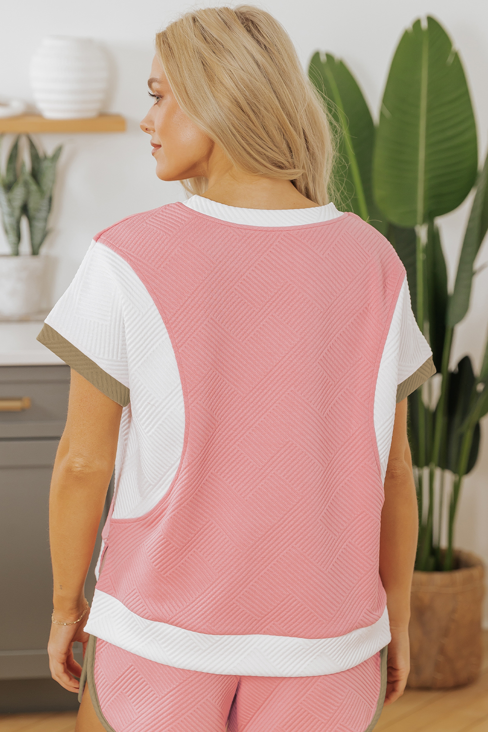 Casual Summer Two-Piece Set: Pink Colorblock Tee with Matching Shorts - Detail View 2 Casual Summer Two-Piece Set: Pink Colorblock Tee with Matching Shorts - Detail View 2
