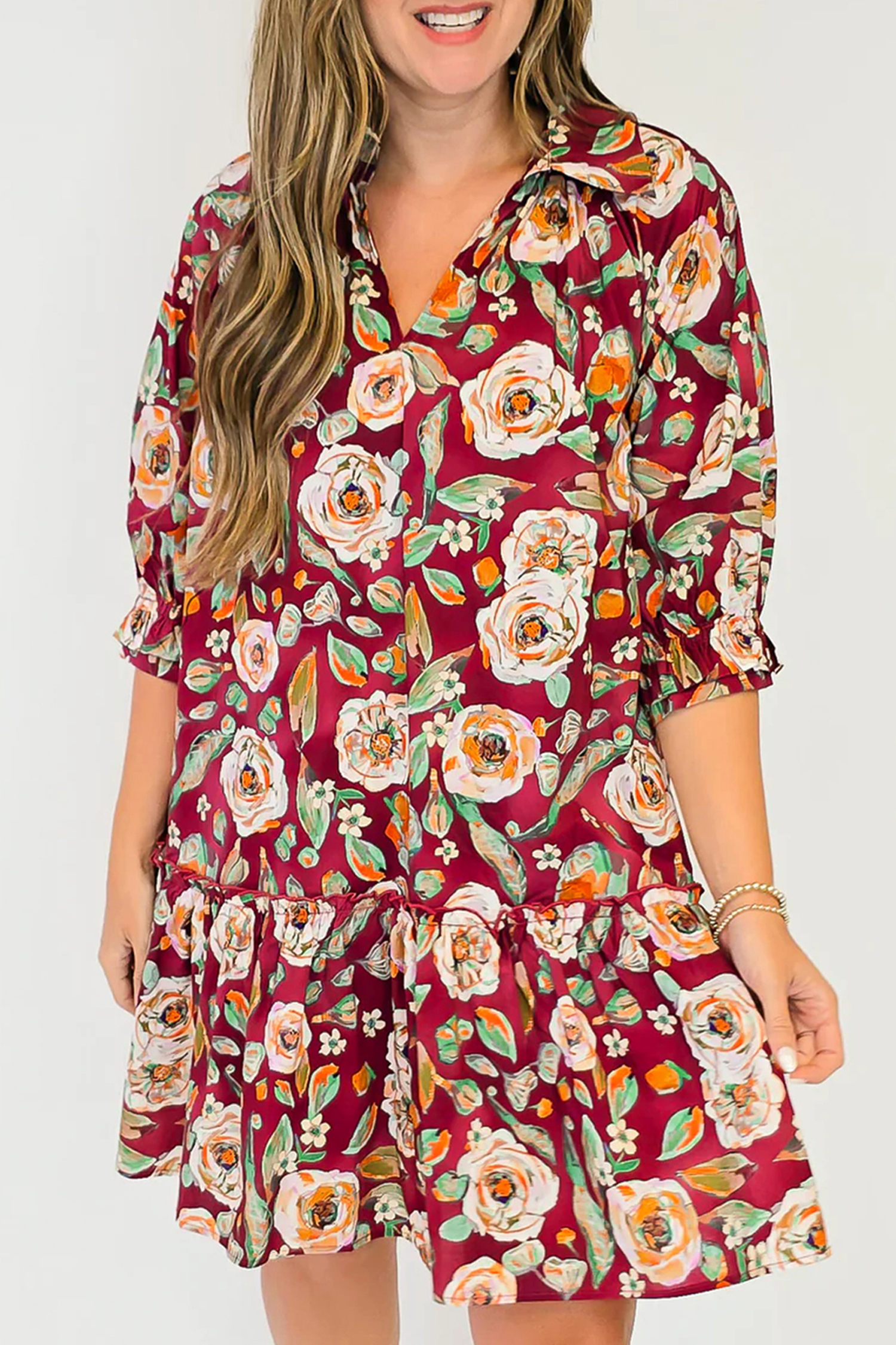 Spring Floral Shift Dress, Women's Casual Half Sleeve Mini - Detail View 3 Spring Floral Shift Dress, Women's Casual Half Sleeve Mini - Detail View 3