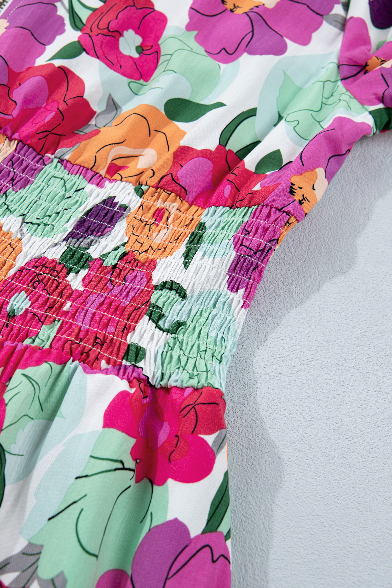 Vibrant Rose Floral Midi Dress – Southern Belle Style Shift Dress with Shirred Waist and Zip Up Detail for Vacation - Detail View 9 Vibrant Rose Floral Midi Dress – Southern Belle Style Shift Dress with Shirred Waist and Zip Up Detail for Vacation - Detail View 9