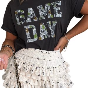 Women's Game Day Camo Letter Print T-Shirt – Casual Black Tee - Main View