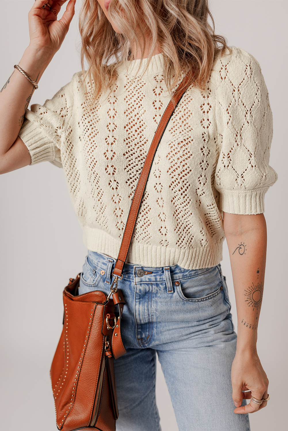 Women's Sweater, Beige Sweater, Hollowed Pattern, Short Puff Sleeve, Casual Style, Summer Knit, Round Neck, Daily Wear, Lightweight, Chic Design, Versatile Top, Sheath Silhouette, 100% Acrylic - Detail View 4 Women's Sweater, Beige Sweater, Hollowed Pattern, Short Puff Sleeve, Casual Style, Summer Knit, Round Neck, Daily Wear, Lightweight, Chic Design, Versatile Top, Sheath Silhouette, 100% Acrylic - Detail View 4