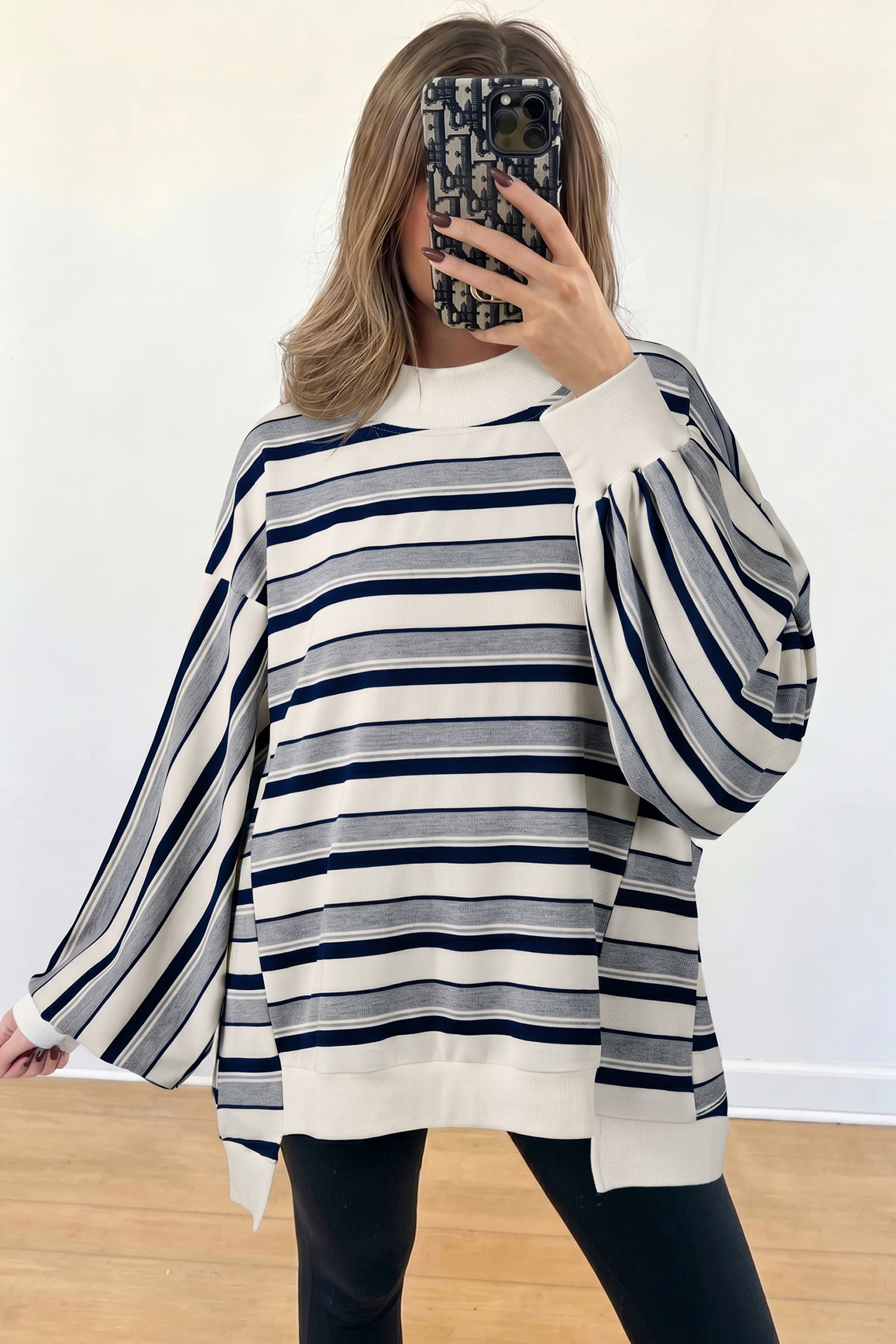 Oversized Striped Pullover, Modern Stand Neck Autumn Sweater - Detail View 5 Oversized Striped Pullover, Modern Stand Neck Autumn Sweater - Detail View 5