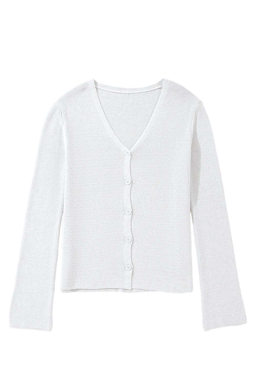 Women's White Lightweight Ribbed Knit Button Front V Neck Cardigan for Casual Fall Days - Detail View 17 Women's White Lightweight Ribbed Knit Button Front V Neck Cardigan for Casual Fall Days - Detail View 17