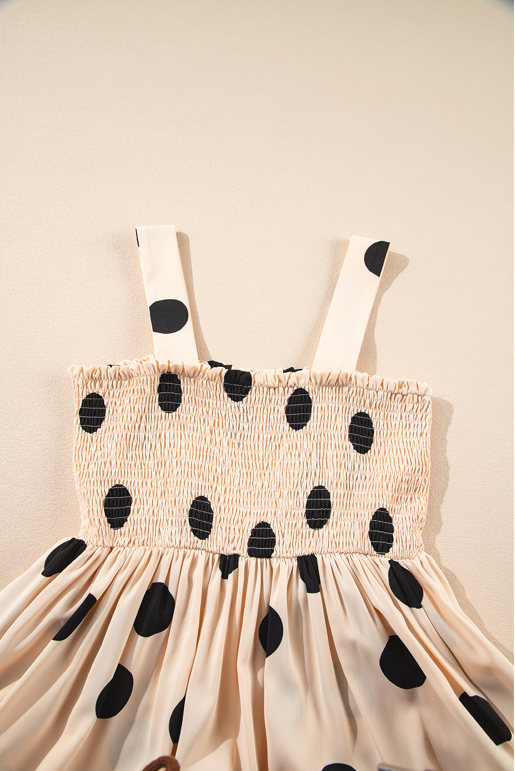 Elegant Oatmeal Polka Dot Maxi Dress with Smocked Bodice and High Waist - Detail View 10 Elegant Oatmeal Polka Dot Maxi Dress with Smocked Bodice and High Waist - Detail View 10