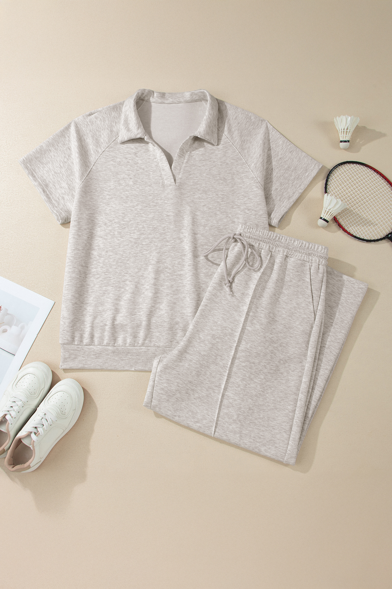 Women's Plus Size Summer Loungewear Set – Light Grey V-Neck Top & High Waist Drawstring Pants - Detail View 2 Women's Plus Size Summer Loungewear Set – Light Grey V-Neck Top & High Waist Drawstring Pants - Detail View 2