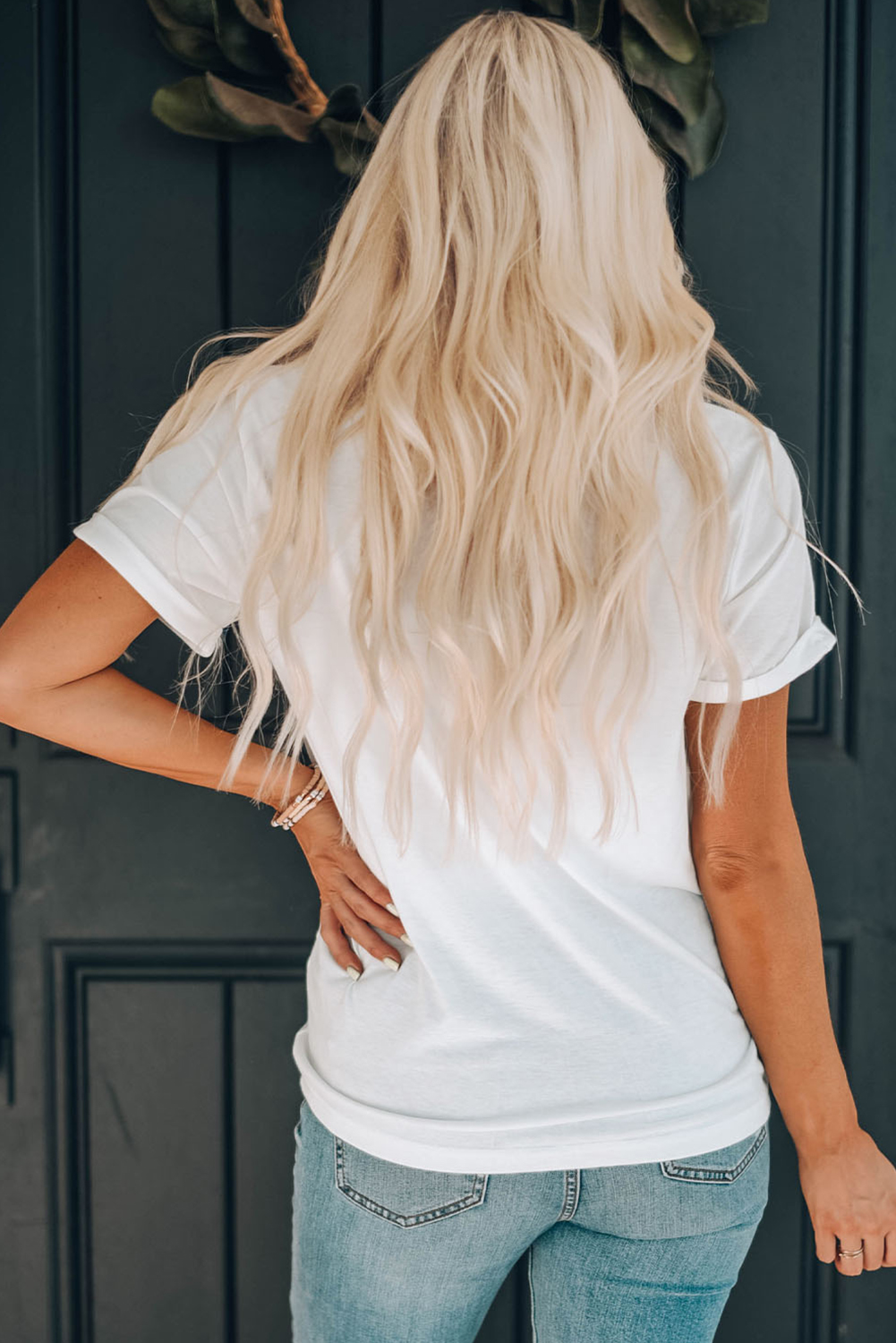 Casual Women's Round Neck Tee with American Flag Design – Soft & Comfortable - Detail View 7 Casual Women's Round Neck Tee with American Flag Design – Soft & Comfortable - Detail View 7