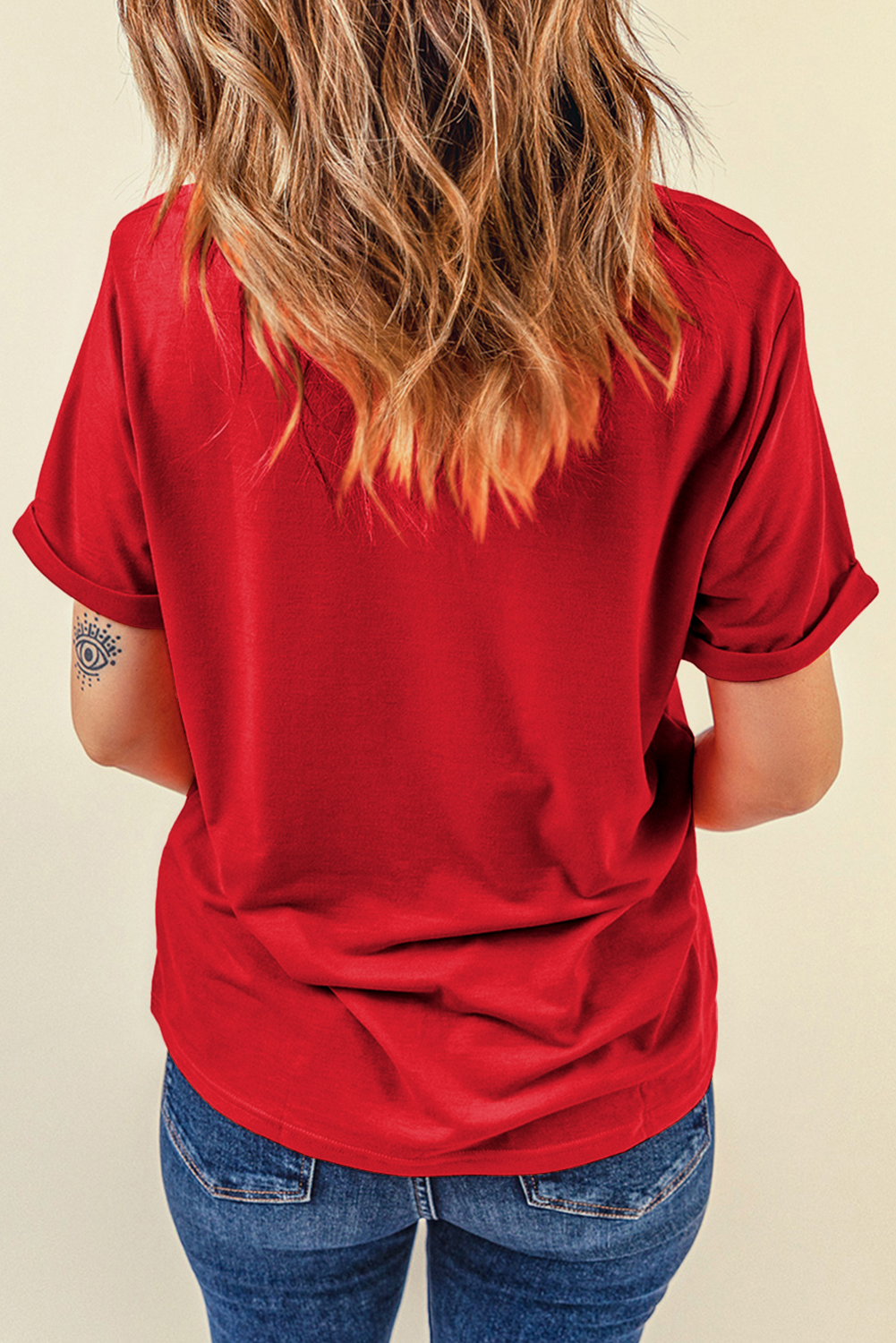 Casual Cuffed Sleeve Tee - Eye-Catching Red Floral Slogan Top - Detail View 7 Casual Cuffed Sleeve Tee - Eye-Catching Red Floral Slogan Top - Detail View 7